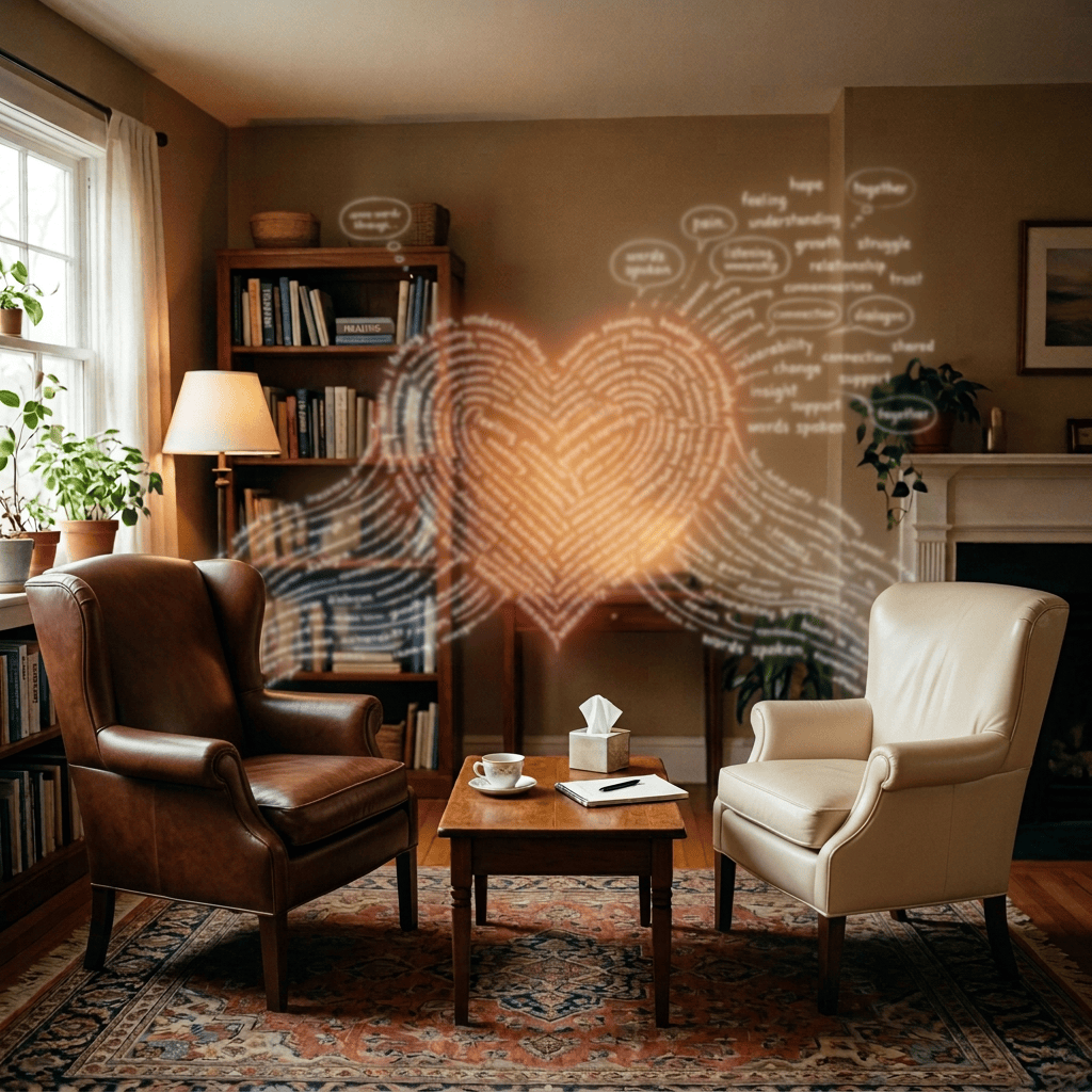 Two chairs in a therapy room surrounded by words about healing and connection